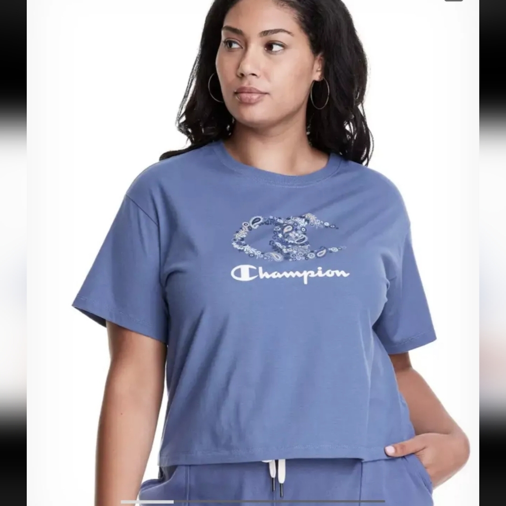NWOT hampion Women's Blue Cropped Graphic-Print T-Shirt Size XL